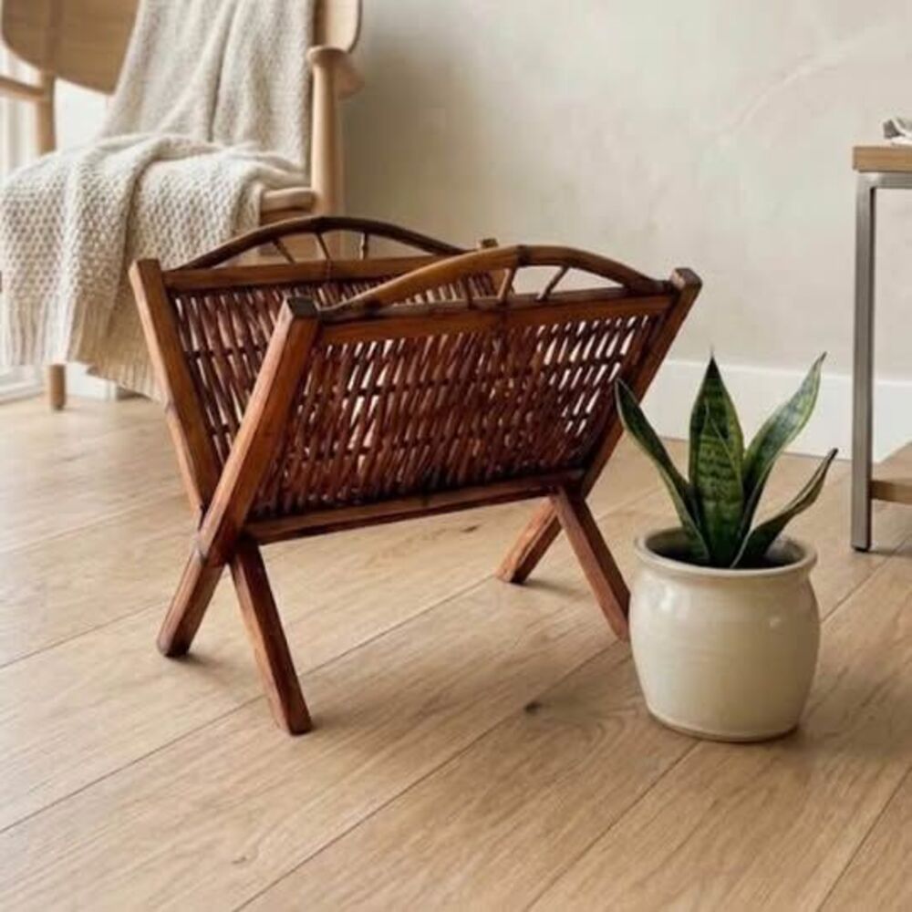 Vintage Bamboo Wicker Folding Magazine Rack Book Stand
